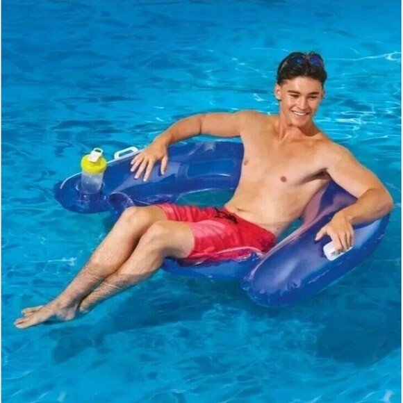 Bluescape Inflatable Comfort Chair Hammock Lounge Pool Float Cup Holder Blue - Picture 2 of 7